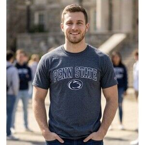 Penn State Shirt Men Size Medium Gray Logo Champion Crew Neck Short Sleeve Top
